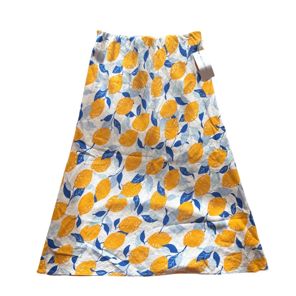 Liz Claiborne Lemon Midi Skirt XS Yellow Blue Print Linen Blend NWT Cottaecore